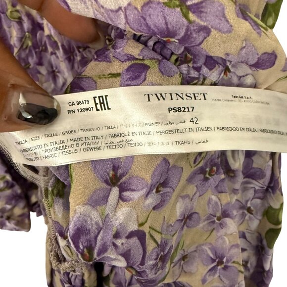 Twinset Simona Barbieri Purple Floral Chiffon Sheer Long Sleeve Vneck Dress XS - Picture 9 of 9